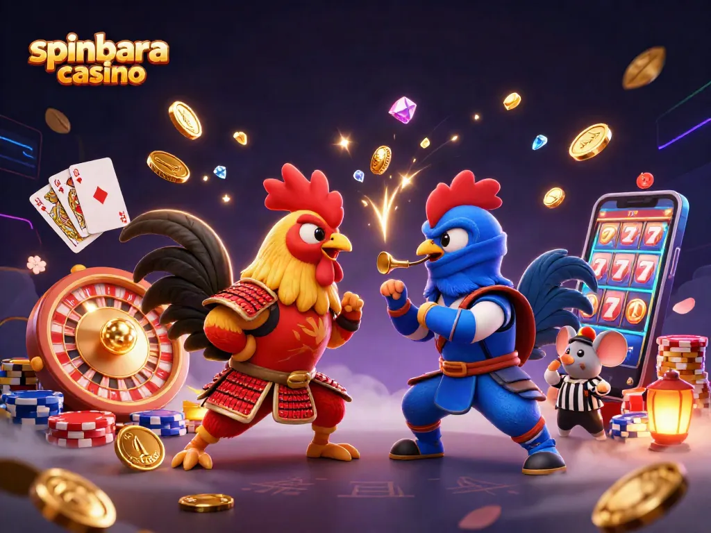 Experience thrilling action at spinbara casino with fighting roosters amidst cascading coins and gems.