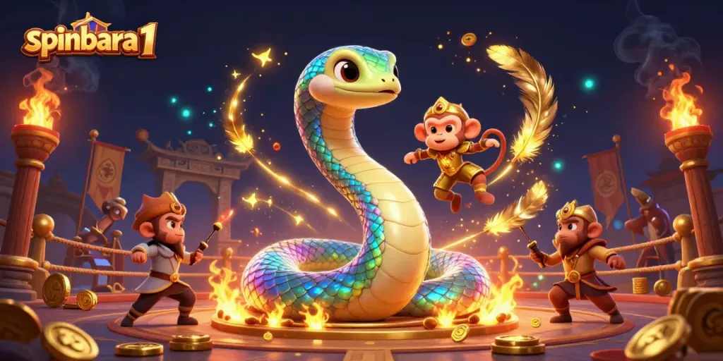Experience spinbara 1 with an engaging 3D illustration of vibrant casino elements and characters.