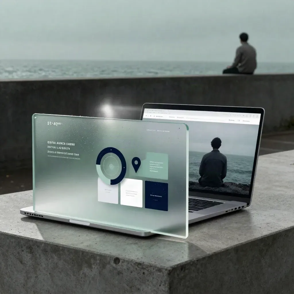 Tablero digital cinematográfico con paneles esmerilados, portátil cerrado y fichas sociales en luz azul.