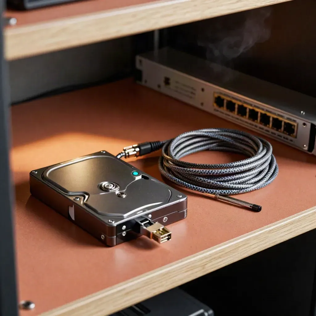 Primer plano de mantenimiento web con cable Ethernet, disco de respaldo y herramientas en luz cálida.