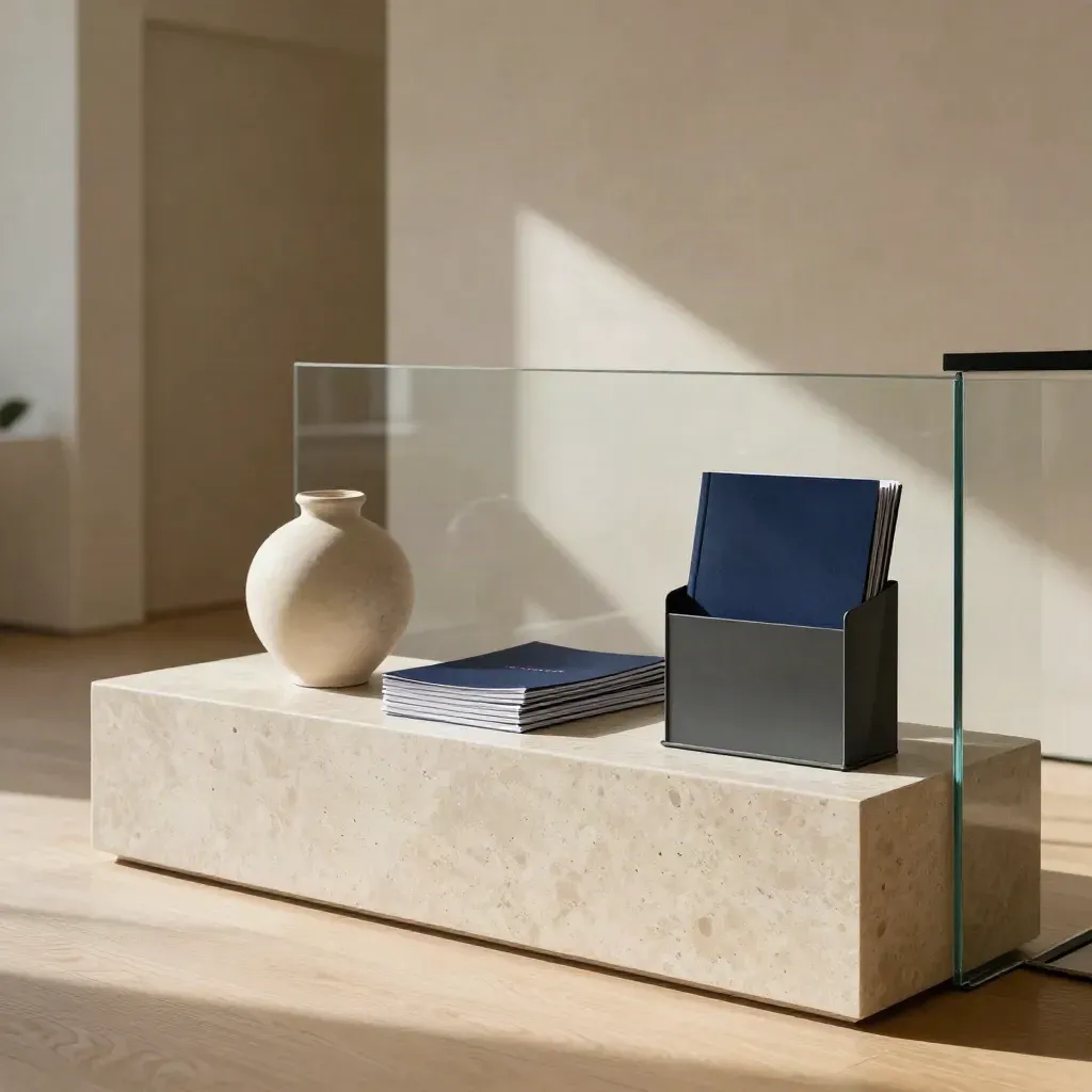 Recepción elegante con plinto de piedra, vidrio y revistero cerrado, lista para consultas.