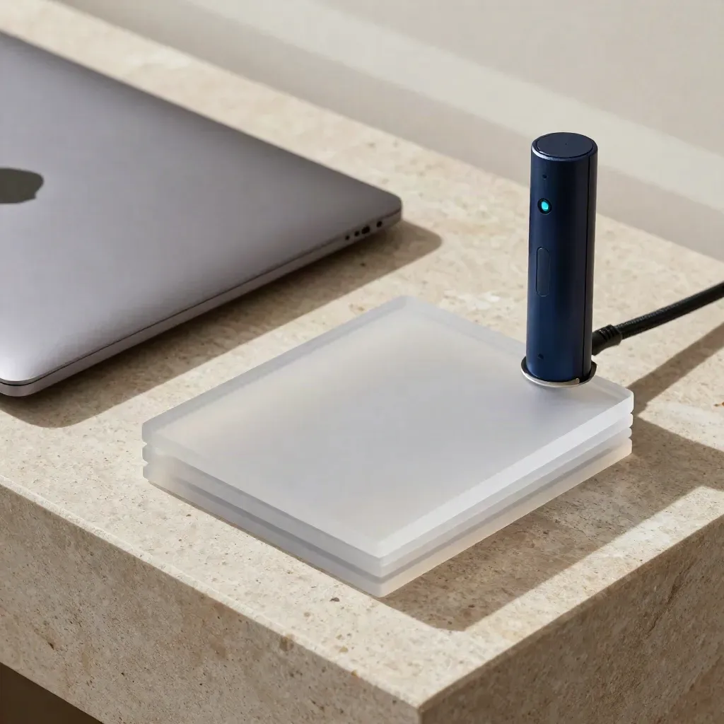 Maqueta acrílica, portátil cerrado y router sobre piedra cálida, vista cenital