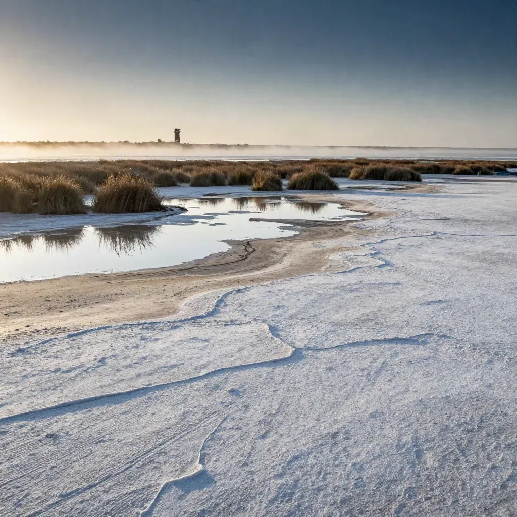 Salinas y humedales del Mar Menor al amanecer, con una torre lejana en el horizonte.
