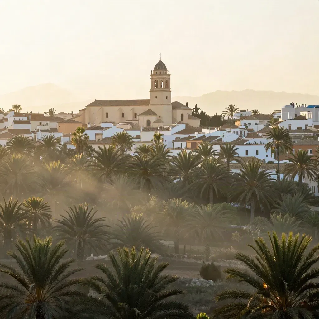 Palmeral de Elche con torre de iglesia y tejados al atardecer, vista amplia y neblina cálida.