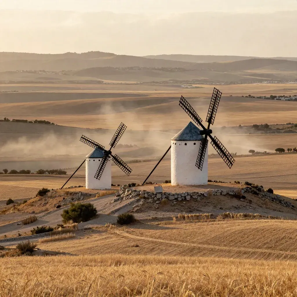 Molinos manchegos en una loma dorada tras la lluvia, con campos secos y niebla suave.